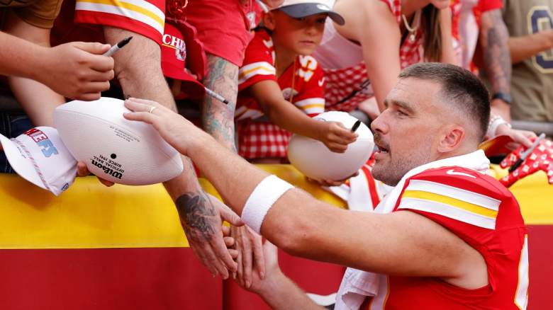 Tight end Travis Kelce #87 of the Kansas City Chiefs greets fans following the NFL preseason game against the Los Angeles Rams at Arrowhead Stadium on August 15, 2026 in Kansas City, Missouri.