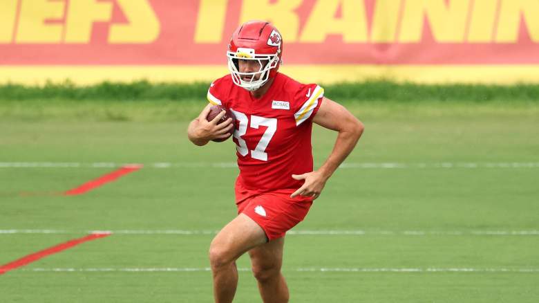 Tight end Travis Kelce #87 participates during Kansas City Chiefs training camp at Missouri Western State University on July 30, 2026 in St Joseph, Missouri.