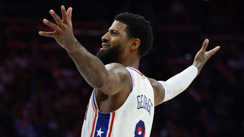 Paul George reacts while playing for the 76ers against the Celtics during Game 6 of the 2026 NBA playoffs.
