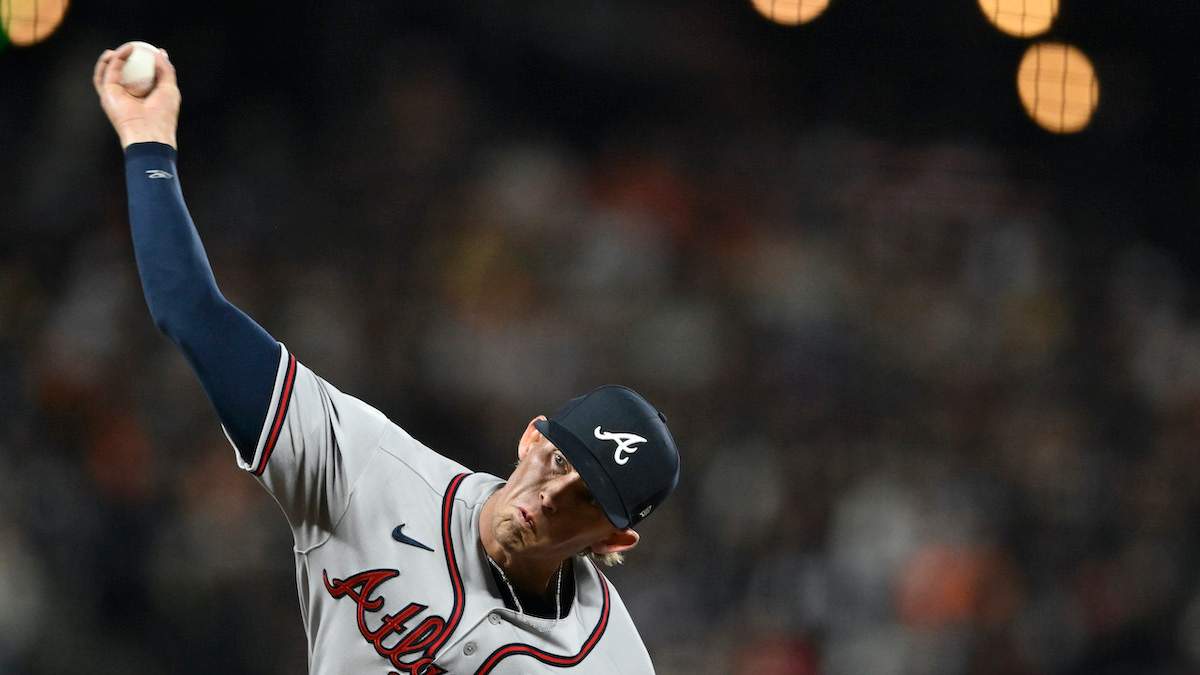 Hurston Waldrep #64 of the Atlanta Braves pitches