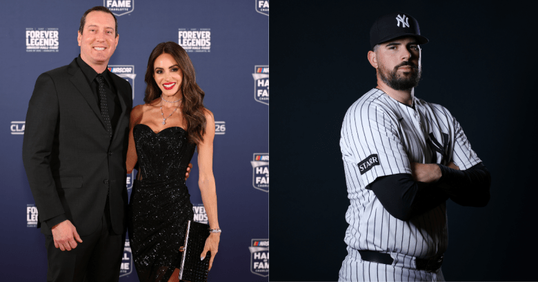 Kyle and Samantha Busch alongside New York Yankees pitcher Carlos Rodón in a split-screen image.