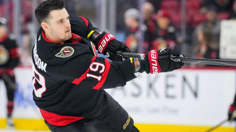 Drake Batherson #19 of the Ottawa Senators skates in warmups