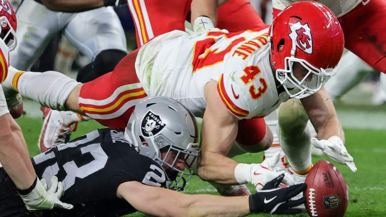 Jack Cochrane #43 of the Kansas City Chiefs recovers the ball