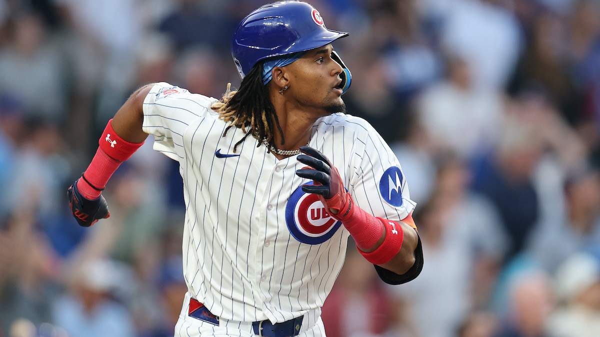 Kevin Alcántara #13 of the Chicago Cubs hits a two-run home run