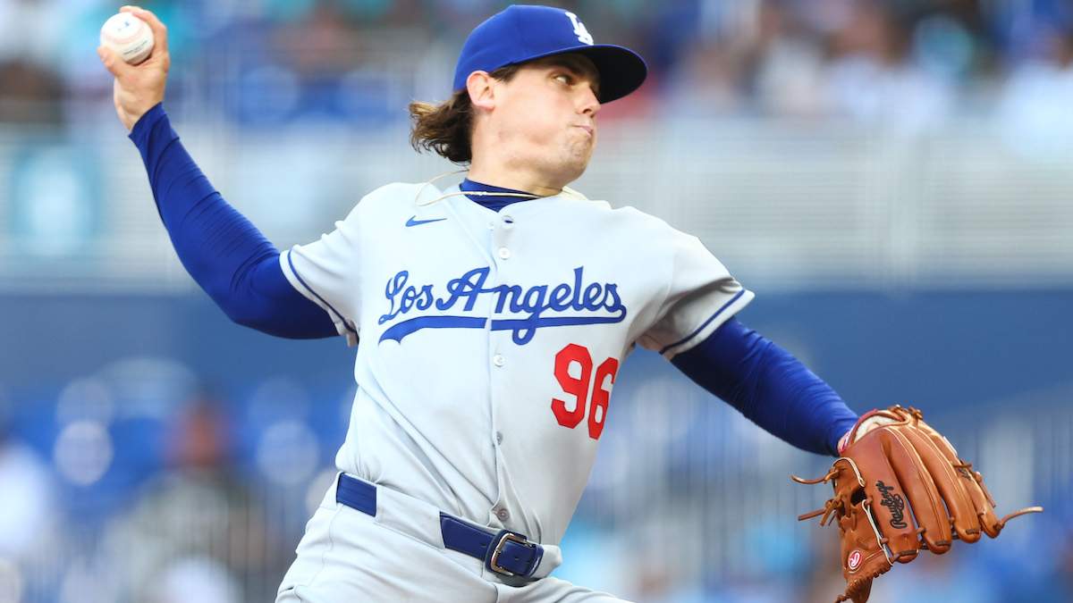 Landon Knack #96 of the Los Angeles Dodgers pitches against the Miami Marlins