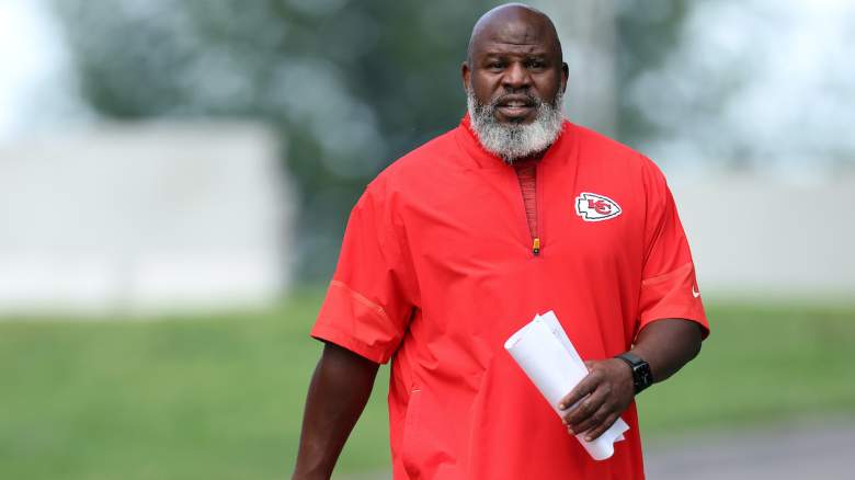 Offensive coordinator Eric Bieniemy walks toward the practice field.