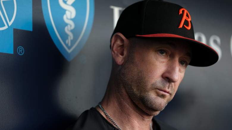 Manager Craig Albernaz #55 of the Baltimore Orioles talks to the media