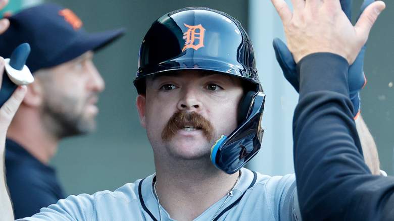 Jake Rogers #34 of the Detroit Tigers celebrates his three-run home run