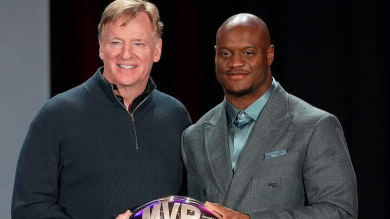 NFL commissioner Roger Goodell presents the Super Bowl LX MVP trophy to Kenneth Walker III #9 of the Seattle Seahawks