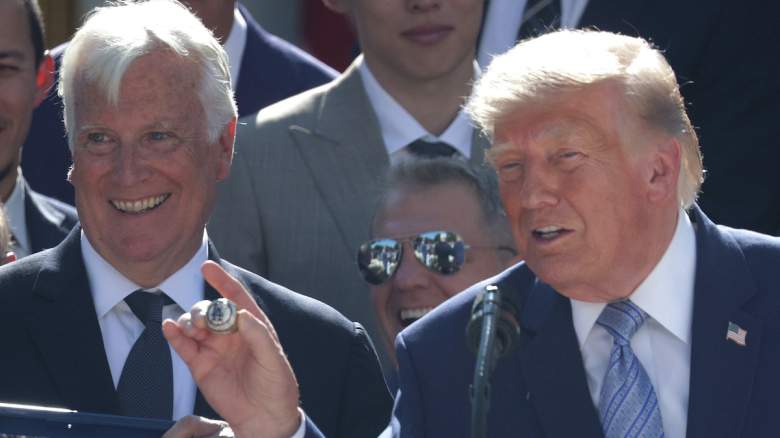 U.S. President Donald Trump is presented with a World Series ring by Los Angeles Dodgers Owner and Chairman Mark Walter