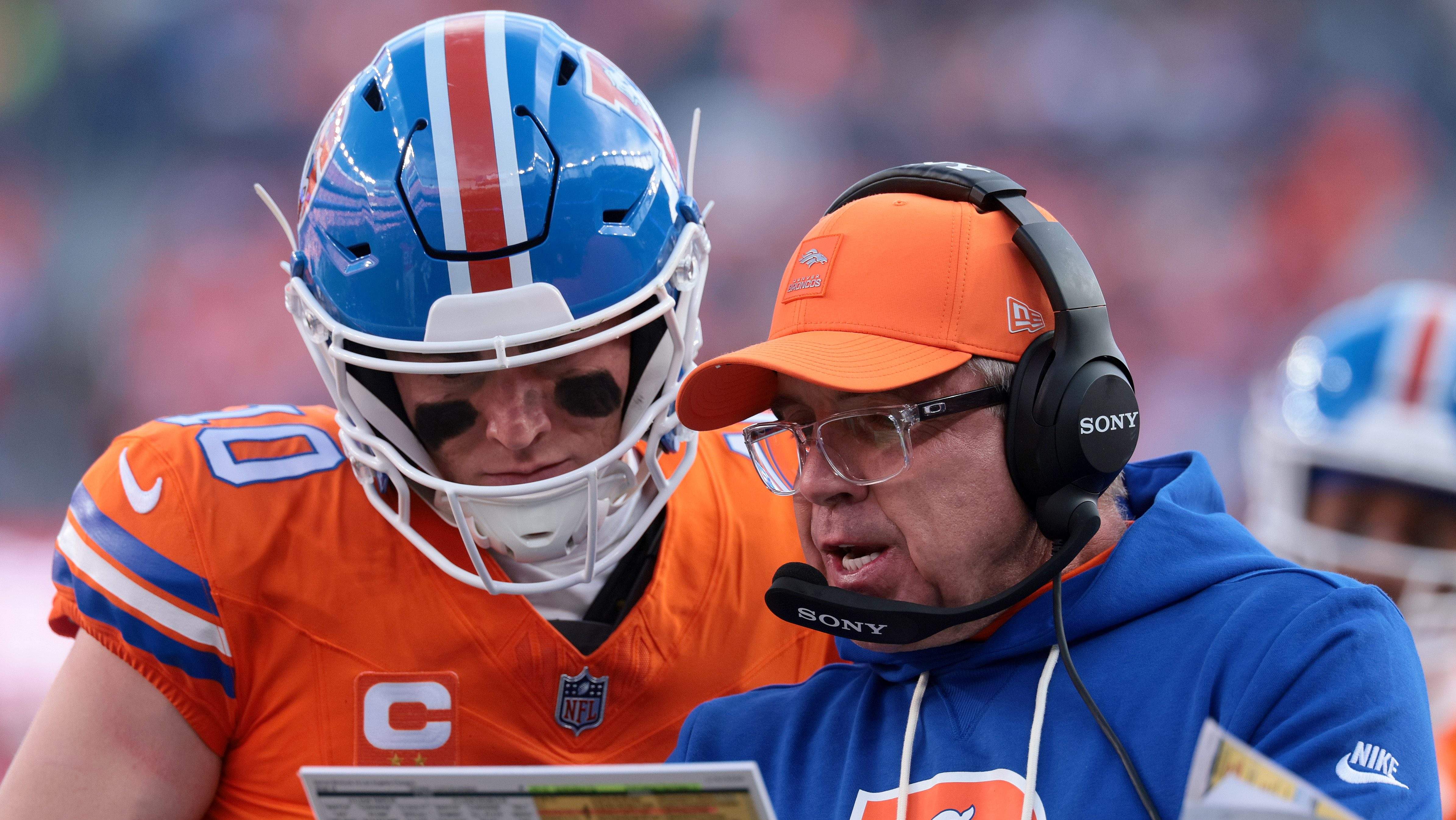 Denver Broncos quarterback Bo Nix and head coach Sean Payton