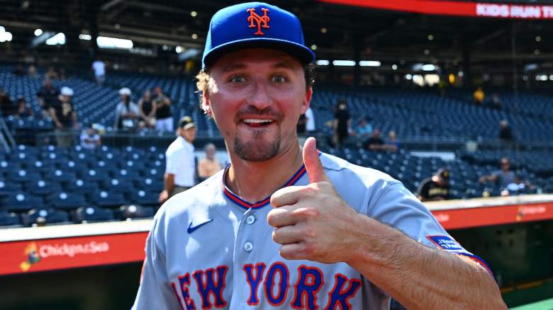 Jack Weisenburger #82 of the New York Mets celebrates after making his MLB debut