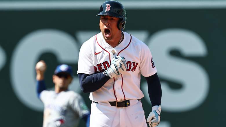 Jahmai Jones #37 of the Boston Red Sox celebrates after his two-run pinch hit double
