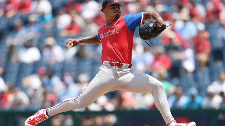 Anthony Eyanson #24 of the Boston Red Sox on the American League Team pitches
