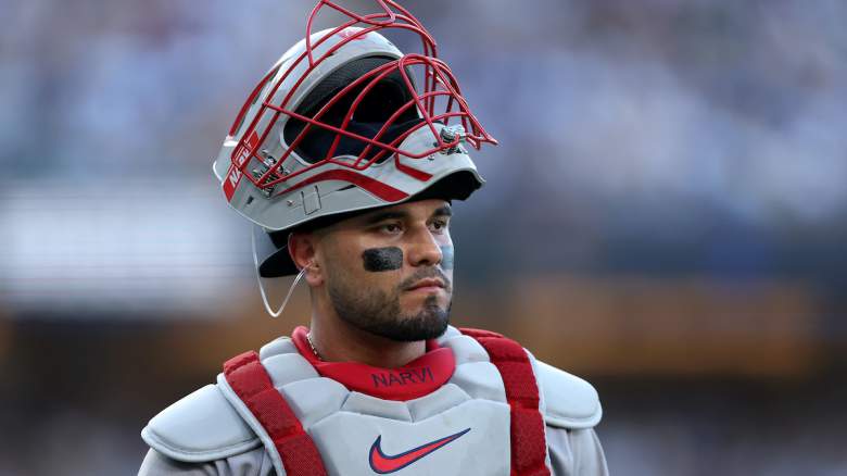 Carlos Narvaez #75 of the Boston Red Sox looks on against the Los Angeles Dodgers