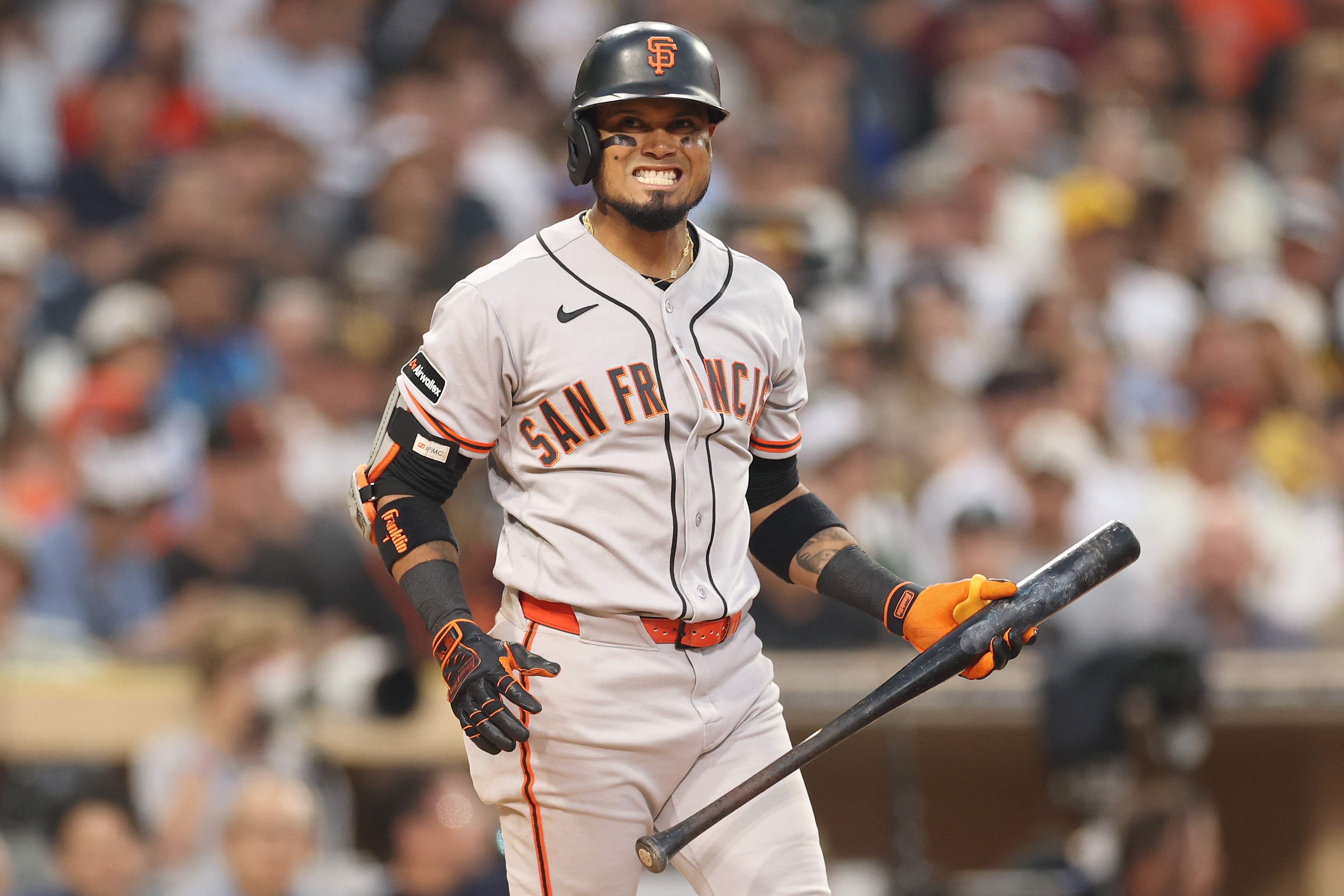 Luis Arraez playing for the San Francisco Giants during a series against the San Diego Padres.