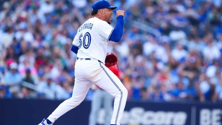 Lazaro Estrada #60 of the Toronto Blue Jays reacts to a strikeout