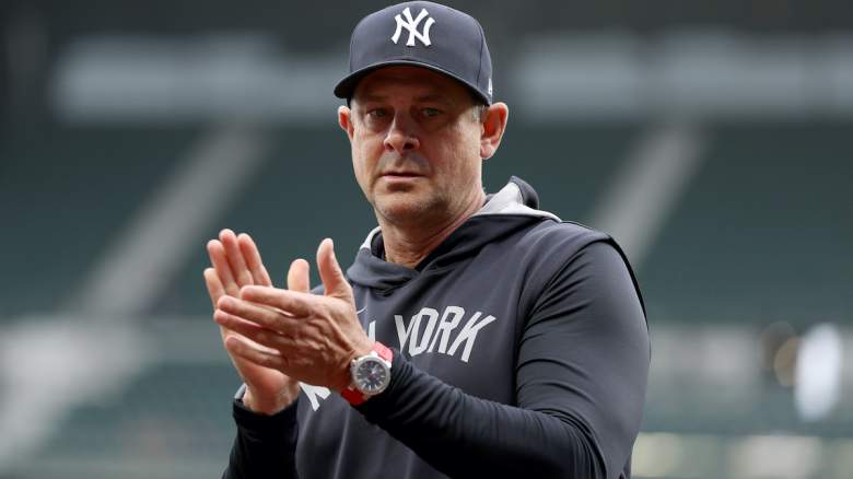 Manager Aaron Boone #17 of the New York Yankees looks on before the game