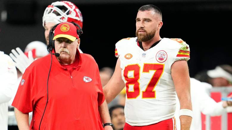 Head coach Andy Reid and Travis Kelce #87 of the Kansas City Chiefs look on during the second quarter of a game against the Las Vegas Raiders at Allegiant Stadium on November 26, 2023 in Las Vegas, Nevada