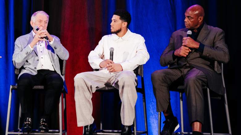 From left: Former Suns owner Jerry Colangelo, guard Devin Booker and ex-forward Charles Barkley