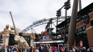 Fans enjoy the atmosphere outside Comerica Park during opening day prior to a game between the Boston Red Sox and Detroit Tigers on April 06, 2023 in Detroit, Michigan.
