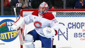 Cayden Primeau #30 of the Montreal Canadiens skates against the New York Islanders at UBS Arena on October 19, 2024 in Elmont, New York.