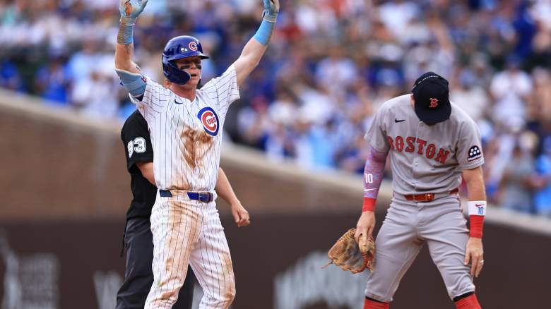 Pete Crow-Armstrong #4 of the Chicago Cubs celebrates hitting a double during the sixth inning against the Boston Red Sox at Wrigley Field on July 20, 2025 in Chicago, Illinois.