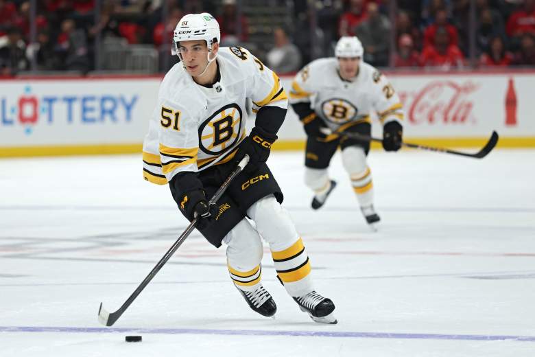 Matthew Poitras skates for the Bruins.