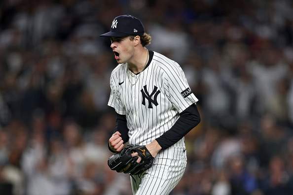 Yankees pitcher Cam Schlittler celebrates during Game 3 of the Wild Card vs. the Red Sox. (Photo by Ishika Samant/Getty Images)