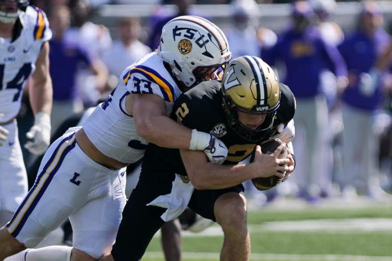 West Weeks of LSU tackles Vandy's Diego Pavia.
