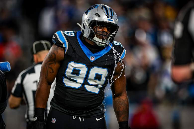 Tershawn Wharton spits out water during the NFL playoffs in January 2026 for the Panthers.