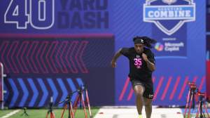 Bishop Fitzgerald of the Southern California Trojans participates in the 40-yard dash during the 2026 NFL Scouting Combine at Lucas Oil Stadium on February 27, 2026 in Indianapolis, Indiana.