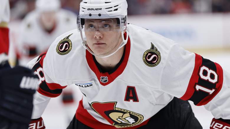 Tim Stützle #18 of the Ottawa Senators skates to the face off circle against the Florida Panthers during the first period at Amerant Bank Arena on March 31, 2026 in Sunrise, Florida.