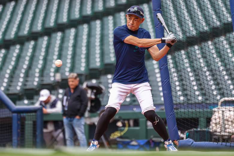 Ichiro Suzuki takes batting practice despite being retired from the Mariners.