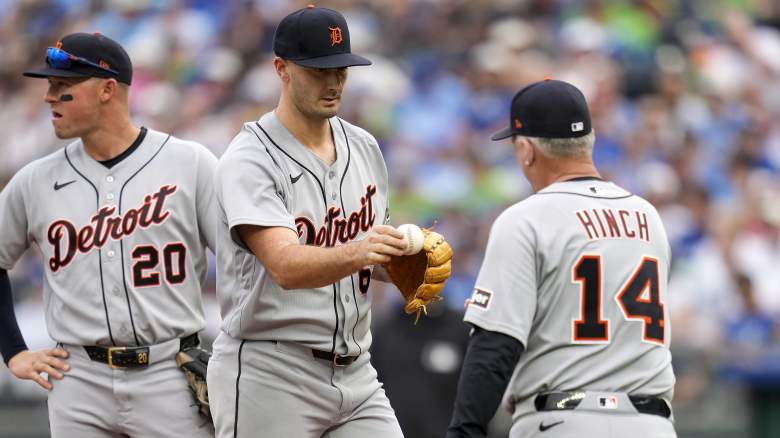 Burch Smith #65 of the Detroit Tigers leaves the game during the first inning against the Kansas City Royals at Kauffman Stadium on May 09, 2026 in Kansas City, Missouri.