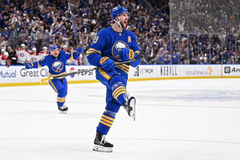 Mattias Samuelsson celebrates for the Sabres in the 2025-26 playoffs.
