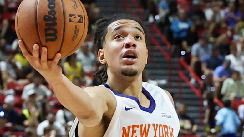 Pacome Dadiet #4 of the New York Knicks