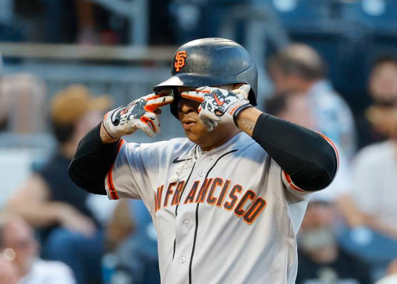 Rafael Devers celebrates a home run for the San Francisco Giants.