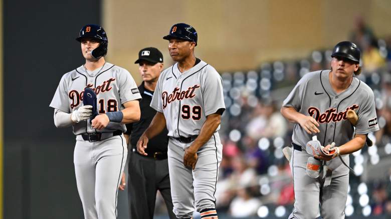 John Peck #18 of the Detroit Tigers reaches first base on an error against the Minnesota Twins during the fifth inning of the game at Target Field on September 1, 2026 in Minneapolis, Minnesota.