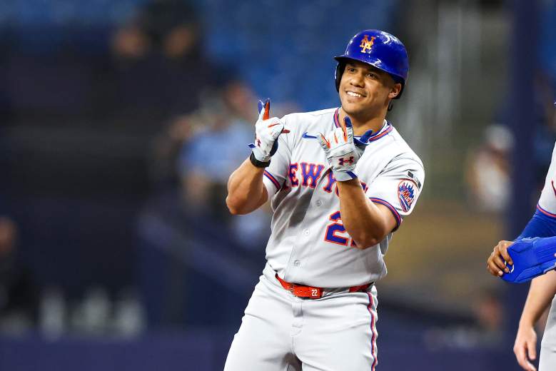Juan Soto celebrates for the New York Mets.