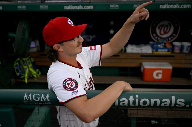 Jared Simpson points to his family after his MLB debut.