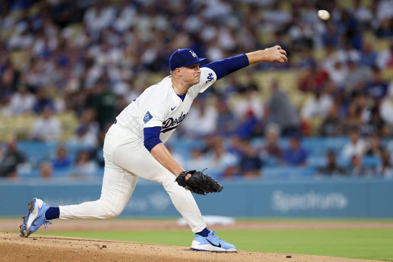 Tarik Skubal pitches for the Dodgers against the Reds at Dodger Stadium.
