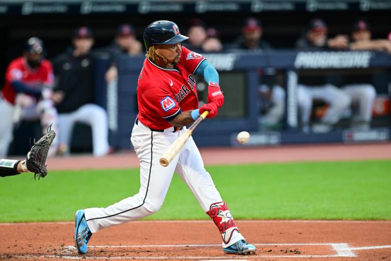 Jose Ramirez swings for the Cleveland Guardians.