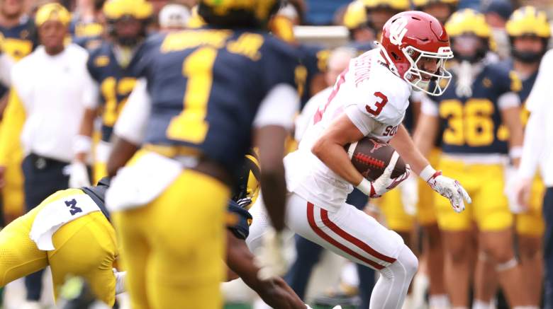 Parker Livingstone #3 of the Oklahoma Sooners looks for yards during a first half run against the Michigan Wolverines.