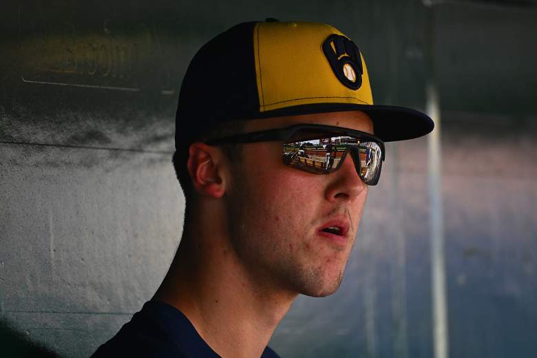 Jacob Misiorowski pictured in the Brewers' dugout.