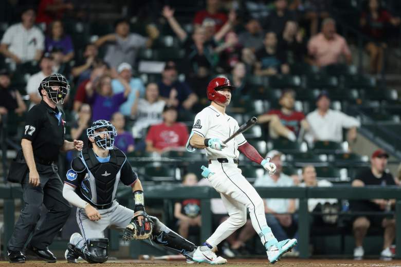 Corbin Carroll watches as his walk-off home run leaves the park for the Diamondbacks.