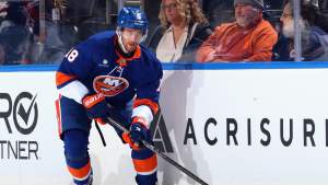 Pierre Engvall #18 of the New York Islanders skates against the New York Rangers during a preseason game at the UBS Arena on September 25, 2026 in Elmont, New York