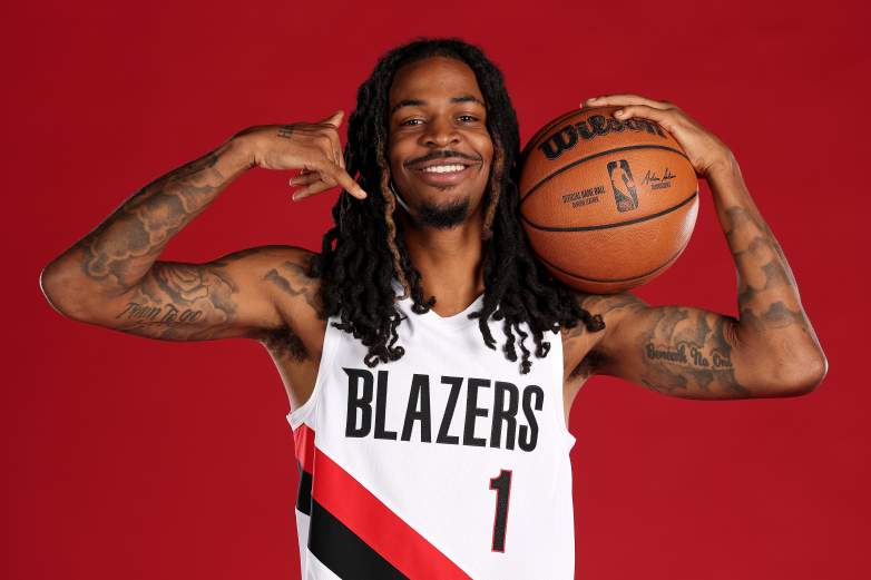 Ja Morant posing in new threads at Portland's Media Day