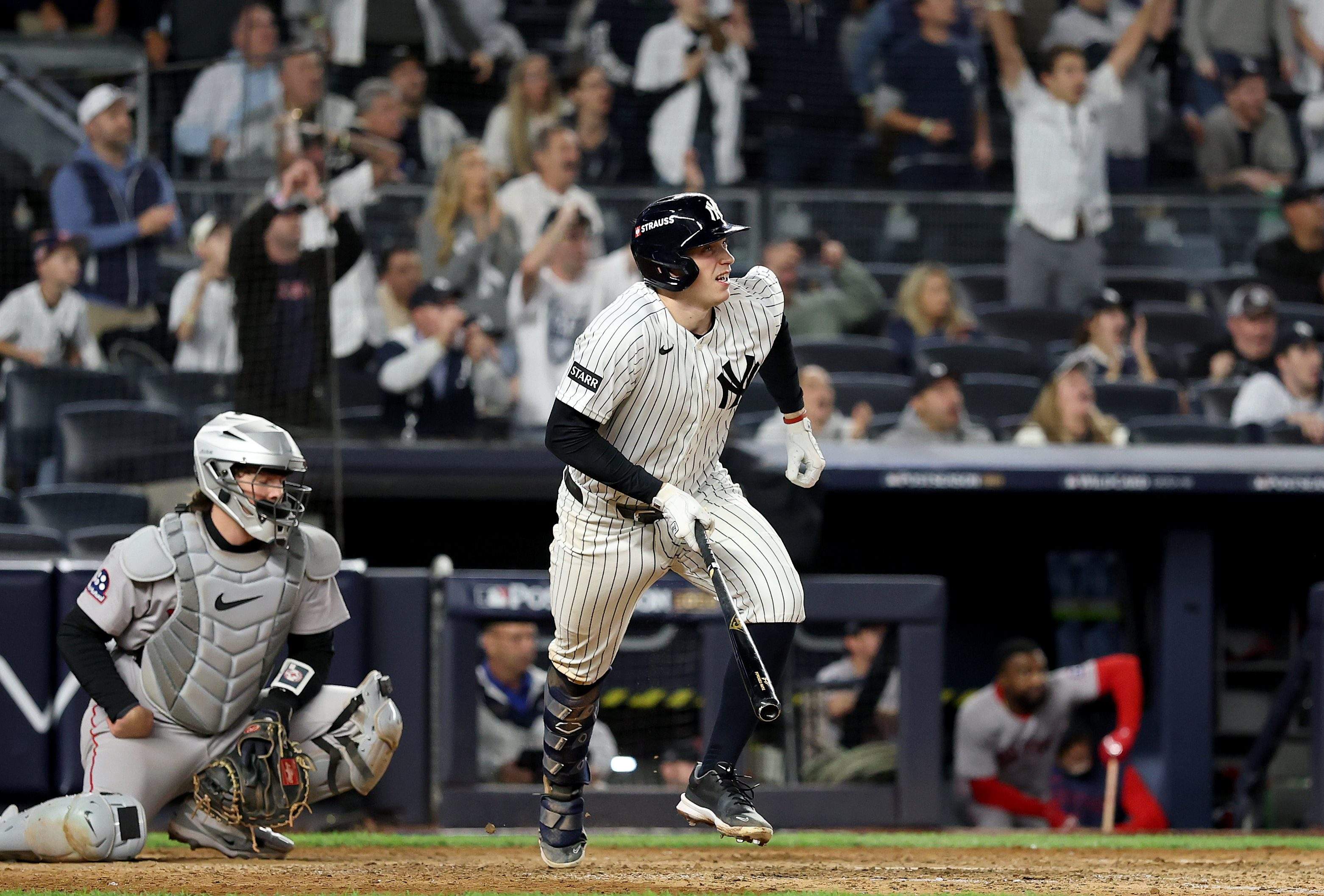 Ben Rice leaves the batter's box in Game 1 vs. the Red Sox.