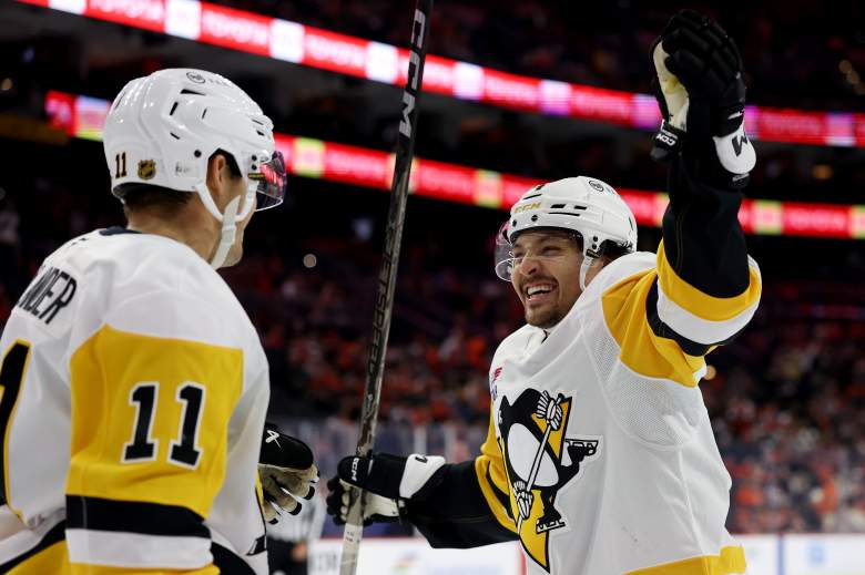 Nick Robertson celebrates for the Penguins.